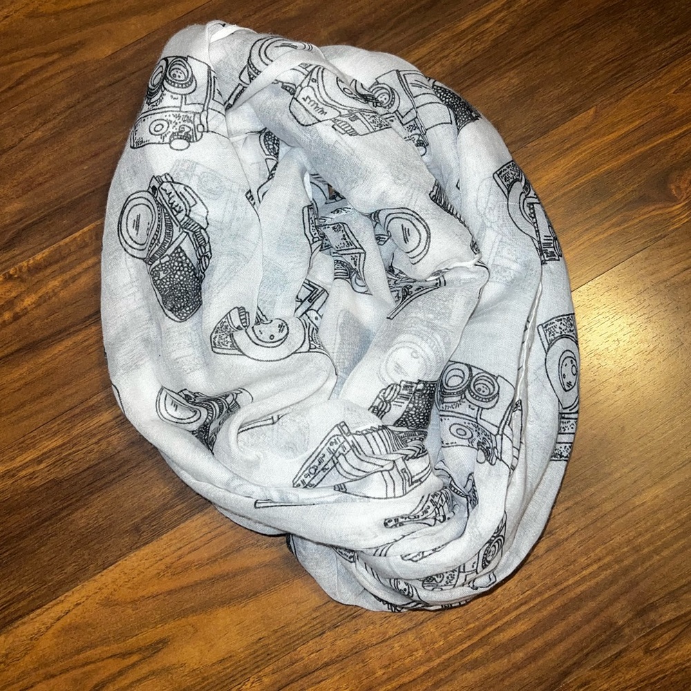 White vintage camera infinity scarf